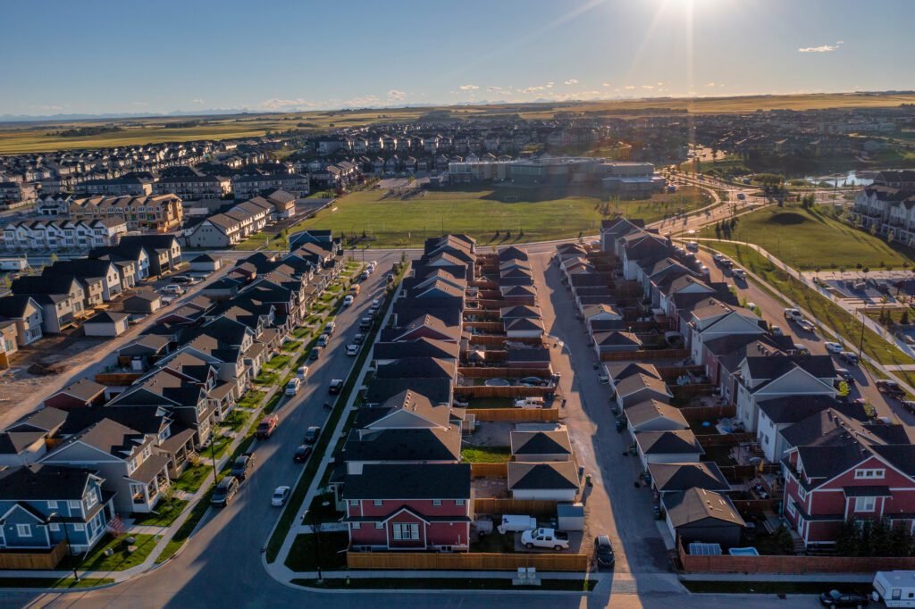 Aerial view of Airdrie, Alberta and its residential neighbourhoods.