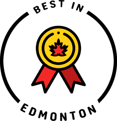 Award badge with a red maple leaf and gold ribbon
