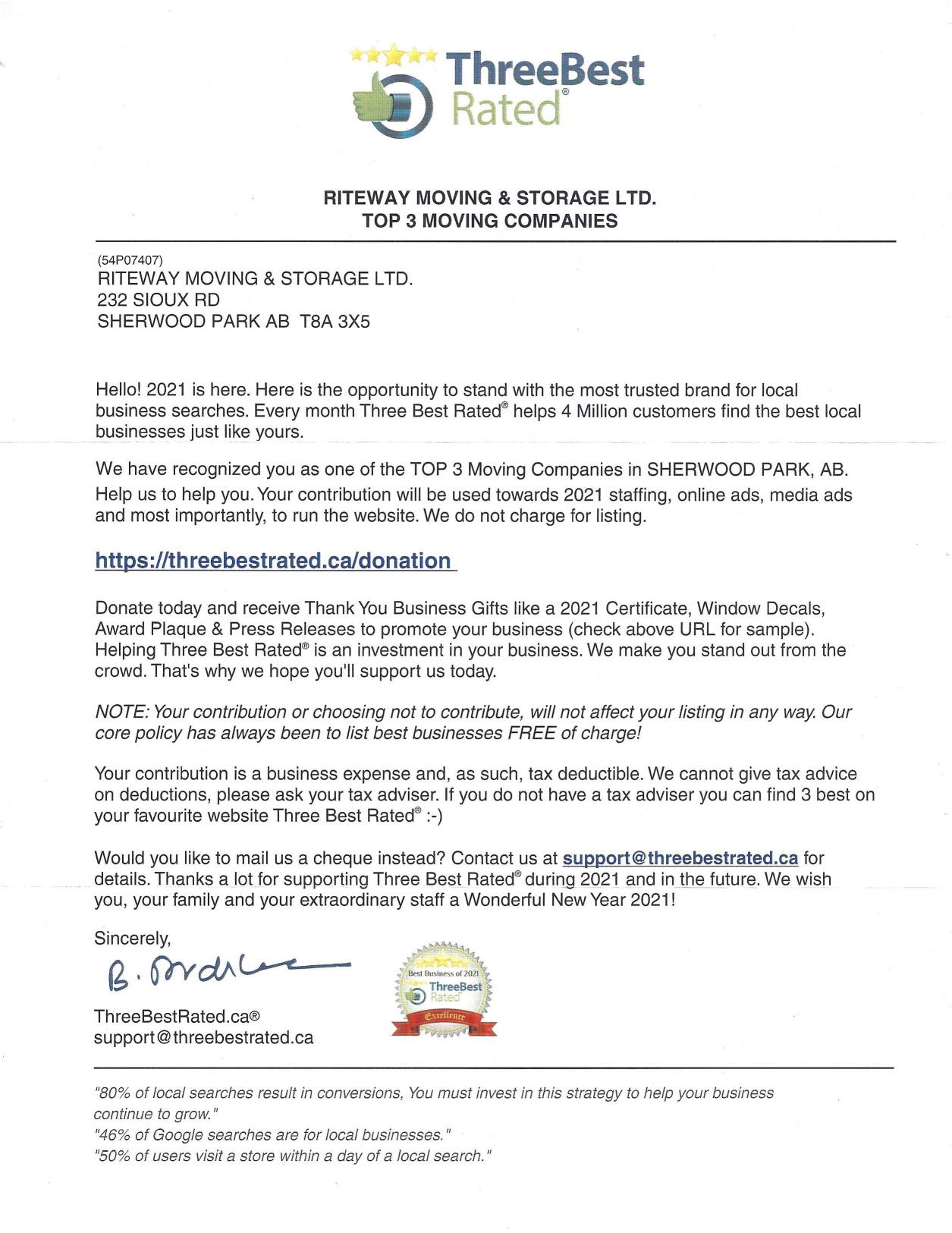 ThreeBestRated recognition letter naming Riteway Moving & Storage among the Top 3 Moving Companies in Sherwood Park, Alberta.