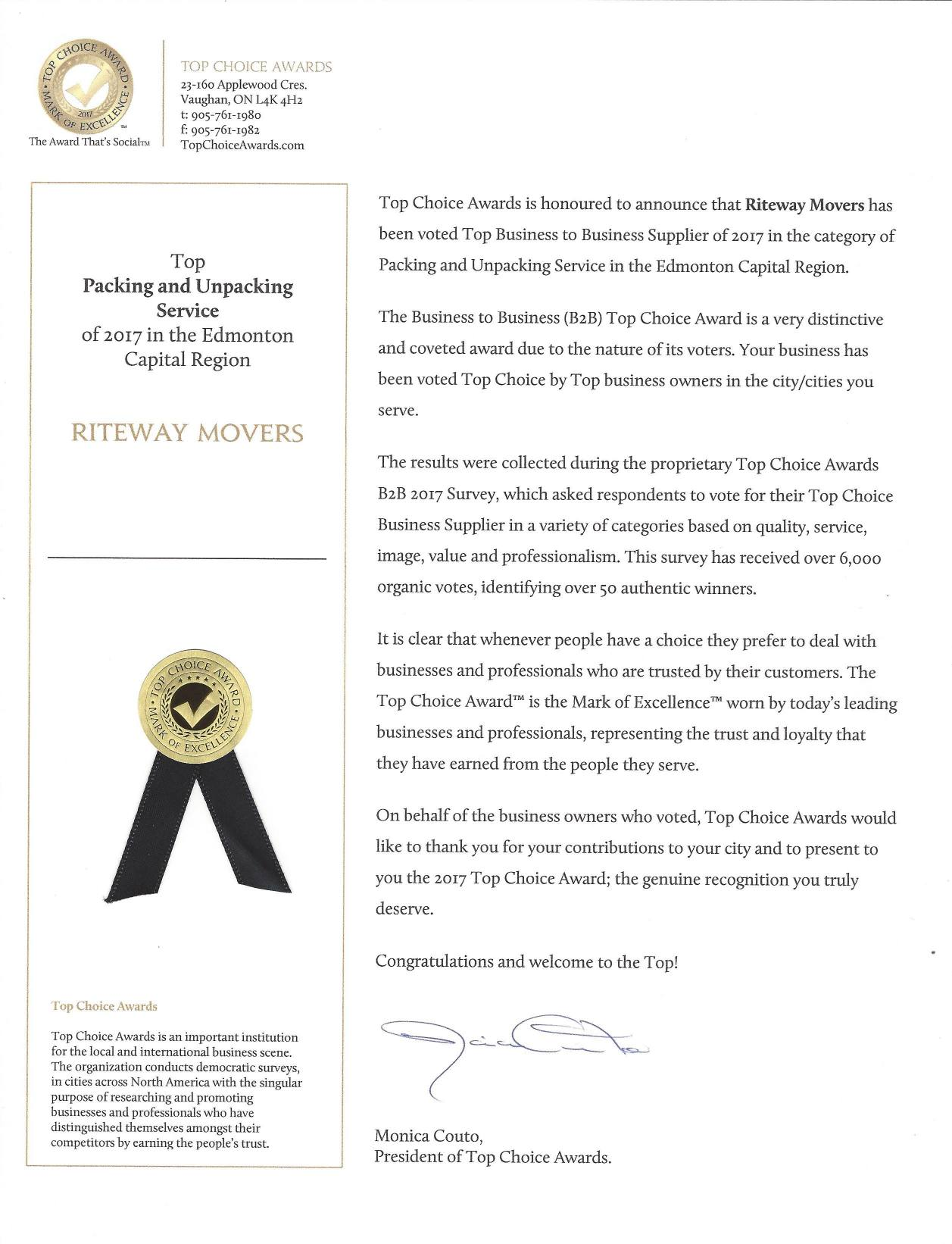 Top Choice Awards certificate recognizing Riteway Movers for Packing and Unpacking Service in the Edmonton Capital Region in 2017.