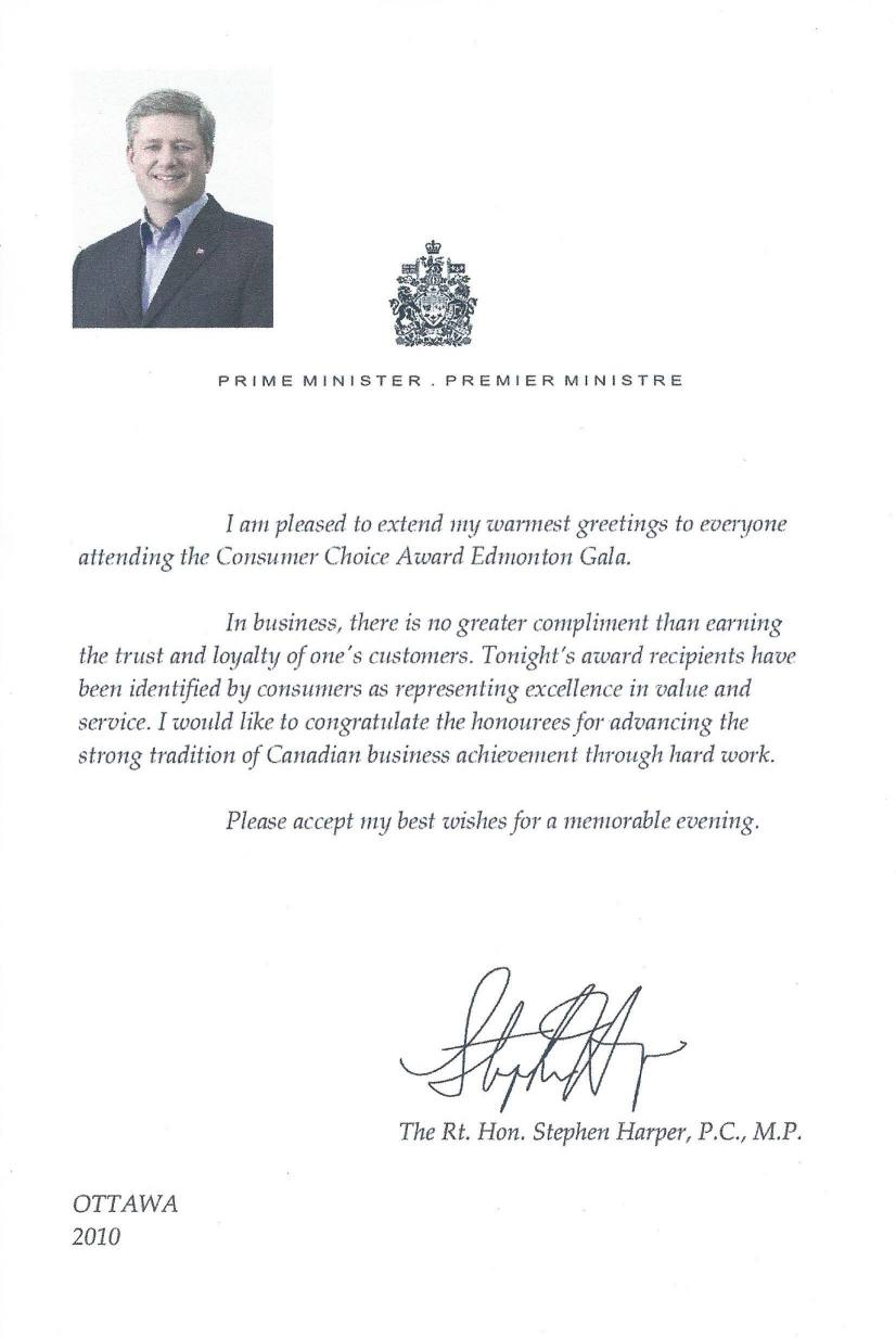 Letter from Prime Minister Stephen Harper congratulating Consumer Choice Award recipients at the 2010 Edmonton gala.