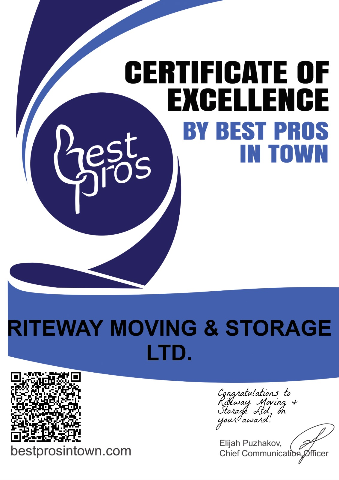 Best Pros in Town Certificate of Excellence awarded to Riteway Moving & Storage.