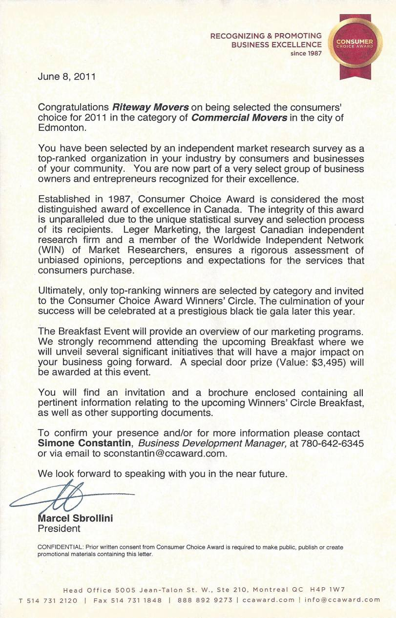 Consumer Choice Award letter recognizing Riteway Movers in the Commercial Movers category in Edmonton in 2011.