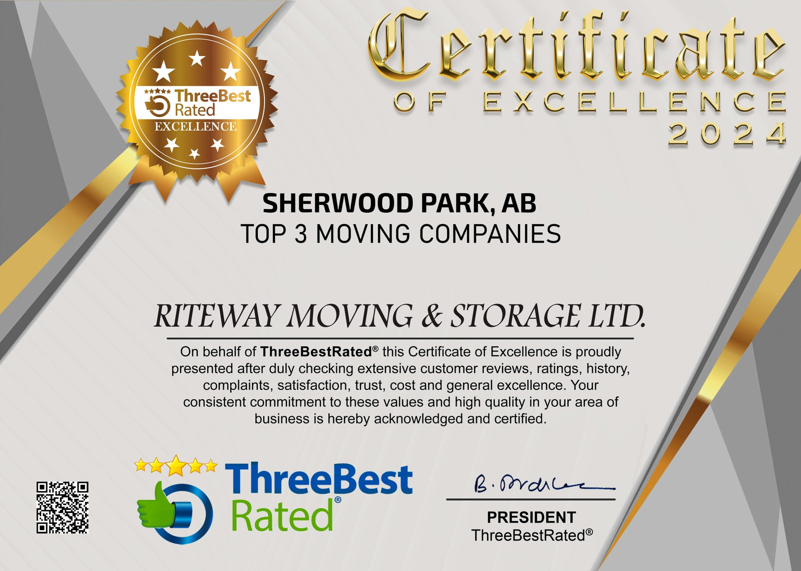 ThreeBestRated Certificate of Excellence recognizing Riteway Moving & Storage as a Top 3 Moving Company in Sherwood Park in 2024.