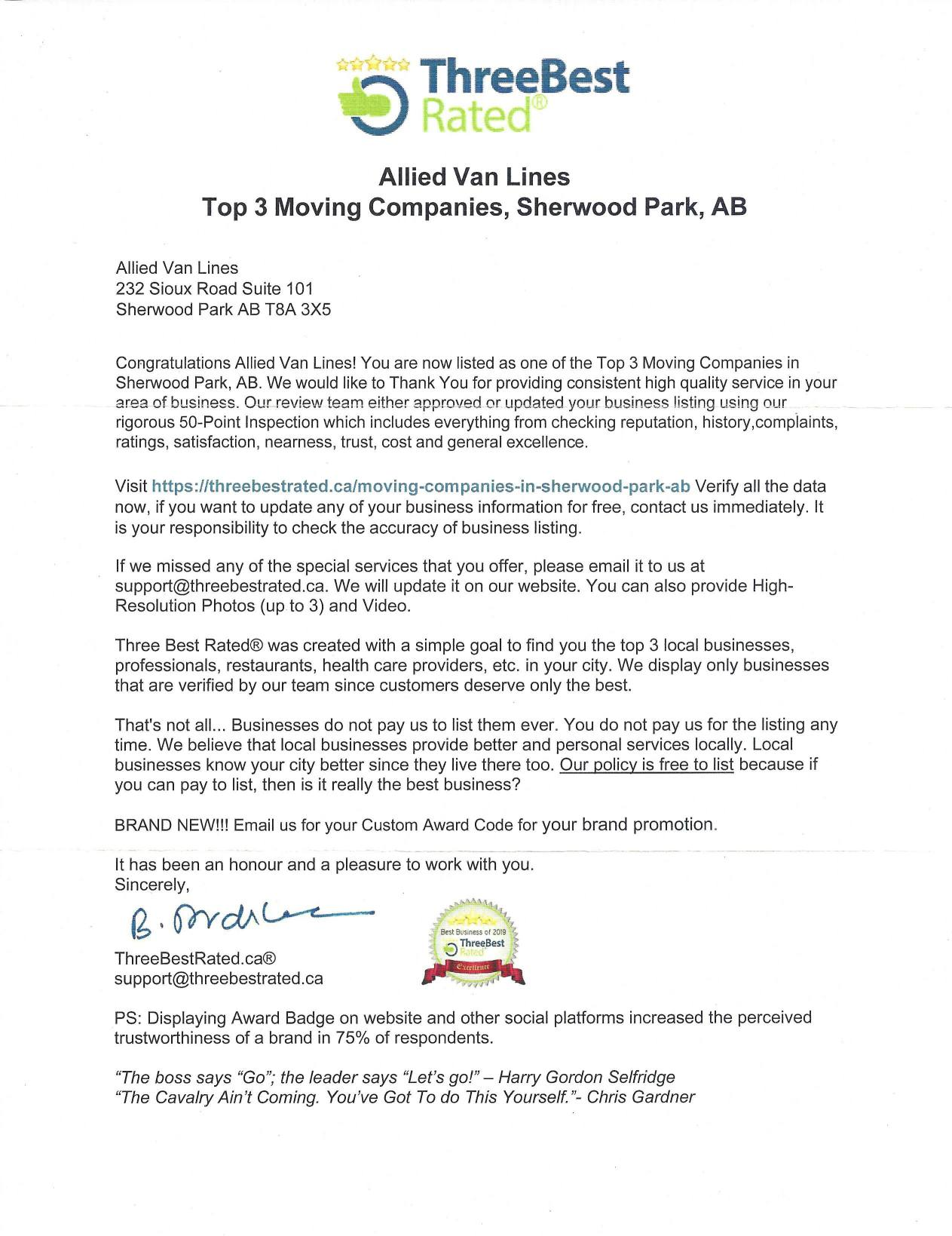ThreeBestRated letter recognizing Allied Van Lines among the Top 3 Moving Companies in Sherwood Park, Alberta.