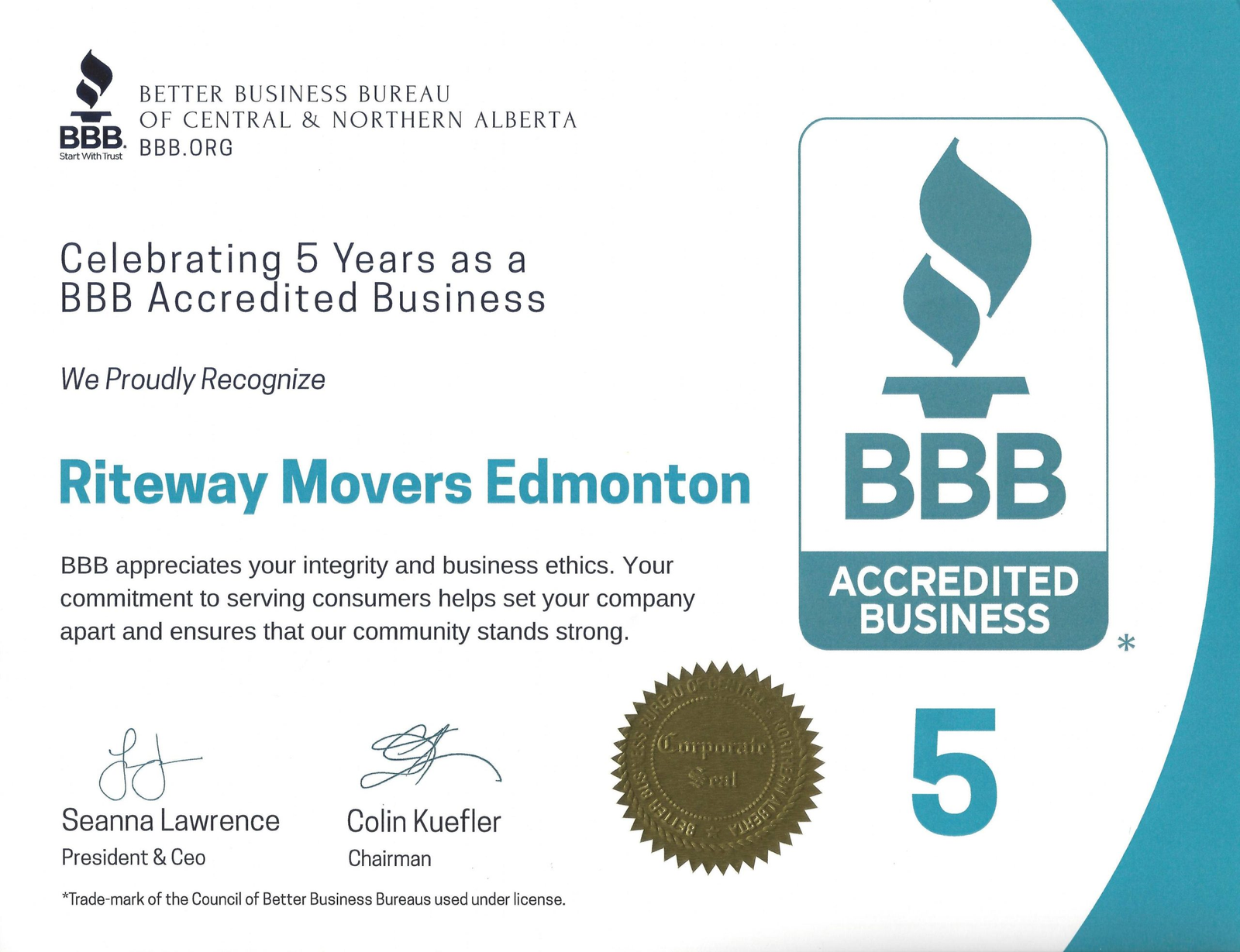 Better Business Bureau certificate celebrating Riteway Movers Edmonton for five years as an accredited business.